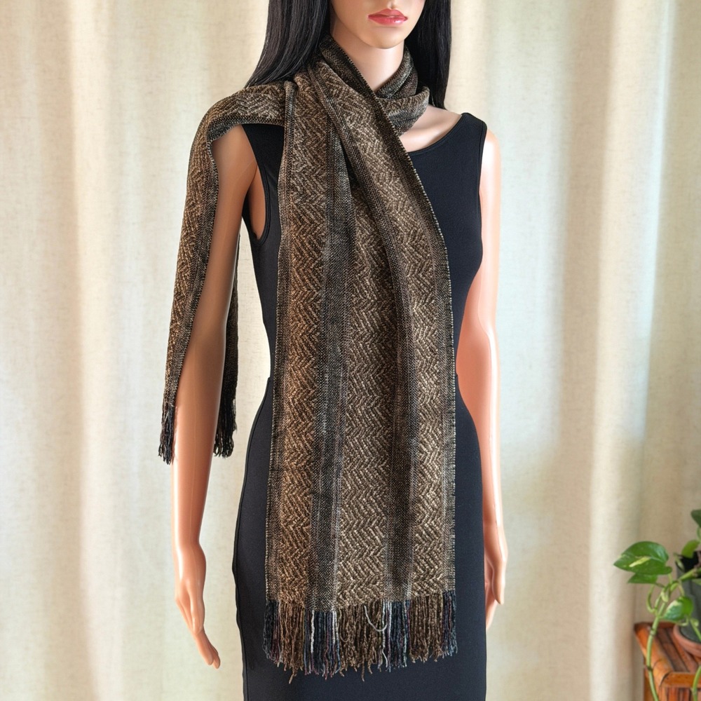 Peter Barton Dunlap Weavers Handloomed Chenille Scarf Brown Herringbone USA Made